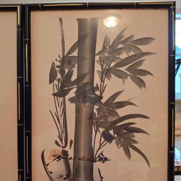 Paper Mid-Century Chinese Faux Bamboo Framed Art Panels - Pair - Hand-Painted Koi & Bamboo Chinoiserie Watercolor Panels For Sale - Image 7 of 13