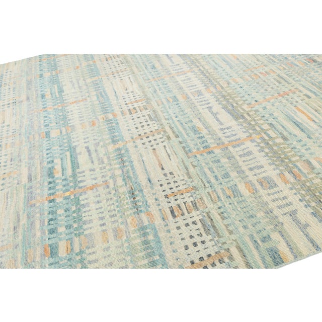 Modern Abstract Plaid Wool Area Rug in Pastel Aqua, Sage & Warm Terracotta 9x12 For Sale - Image 4 of 12