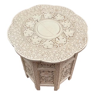 1900s Carved Off-White Anglo-Indian Folding Octagonal Side Table - For Sale