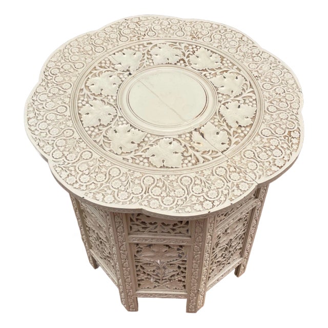 1900s Carved Off-White Anglo-Indian Folding Octagonal Side Table - For Sale