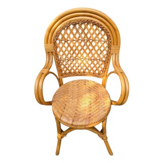 Mid-Century Modern Bamboo Rattan Fan Back Armchair Boho Wicker For Sale