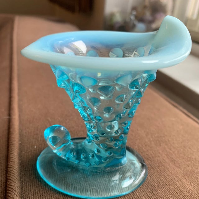 Small Vintage Blue and Opalescent Hobnail Glass Cornucopia Horn For Sale In New York - Image 6 of 13