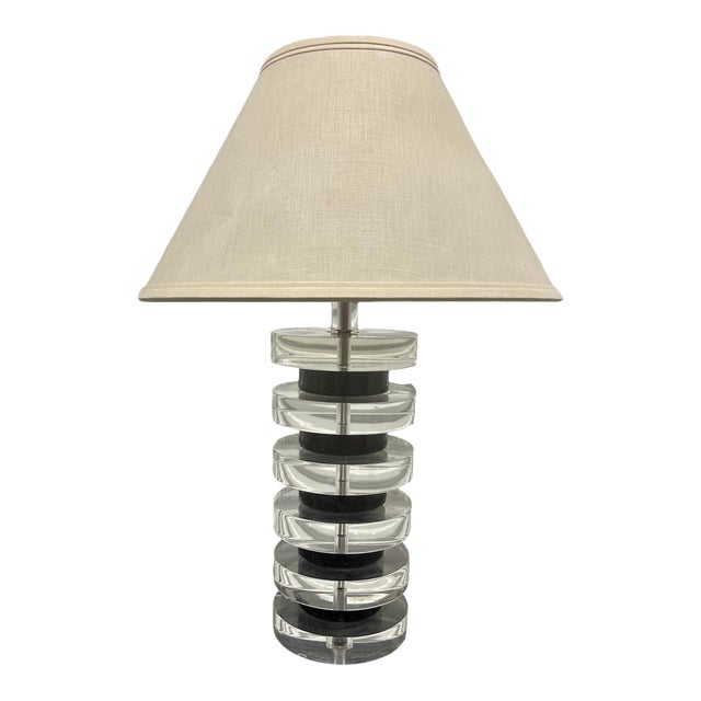 1980s Mid Century Monumental Stacked Lucite Lamp in the Style of Karl Springer Shade For Sale