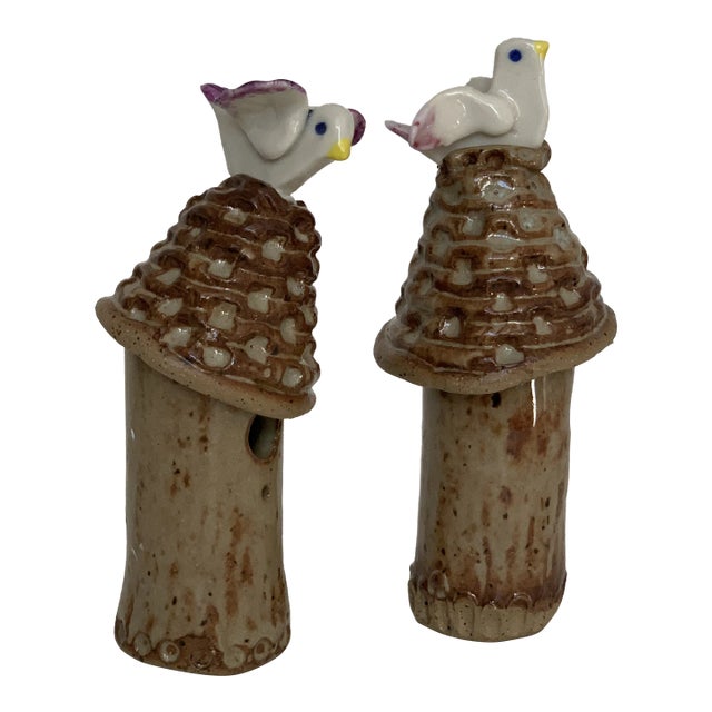 Pottery Bird Perched on Mushroom Top Figurines - a Pair For Sale