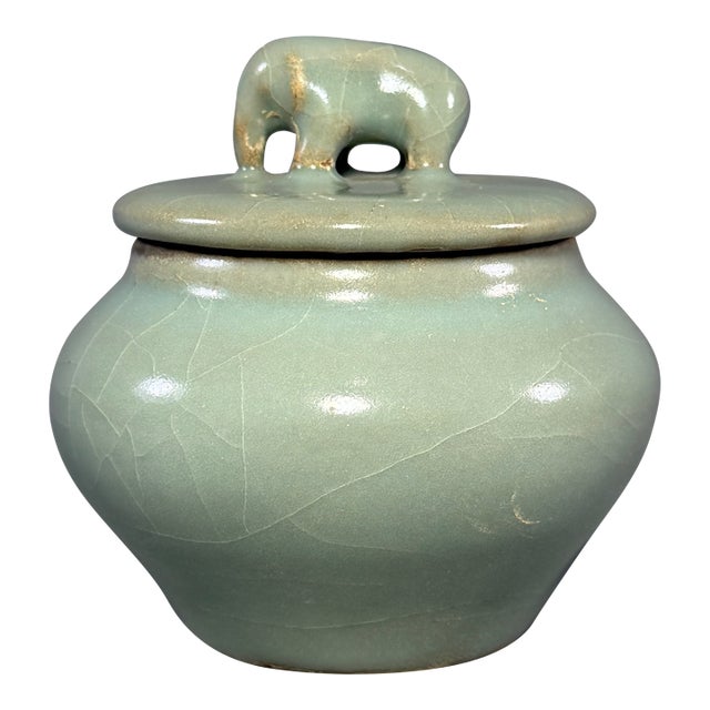 Antique Chinese Celadon Covered Jar With Animal‑Form Finial, Collectible Antique For Sale