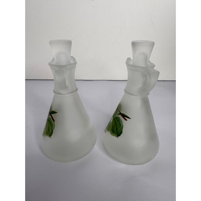White Vintage Frosted Glass Salad Set With Hand Painted Leaves – Bowl, Oil & Vinegar, Salt & Pepper - 5 pcs For Sale - Image 8 of 17