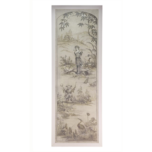 A Retro Chinoiserie-Style Gray-Toned Decorative Mural (Four-Panel Painting) For Sale - Image 4 of 14