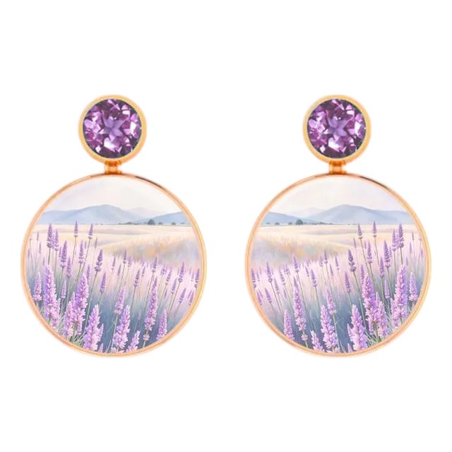 Mother of Pearl Shell Stud Earrings With Amethyst and Lavender Fields Painting, A Pair For Sale