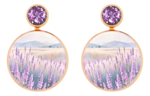 Mother of Pearl Shell Stud Earrings With Amethyst and Lavender Fields Painting, A Pair