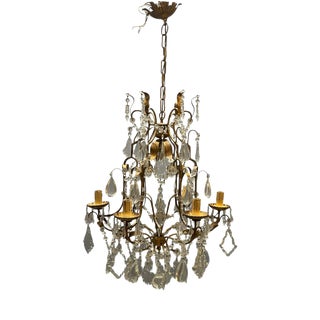 Large Gilded Florentine Tole and Crystal Chandelier, 1950s For Sale