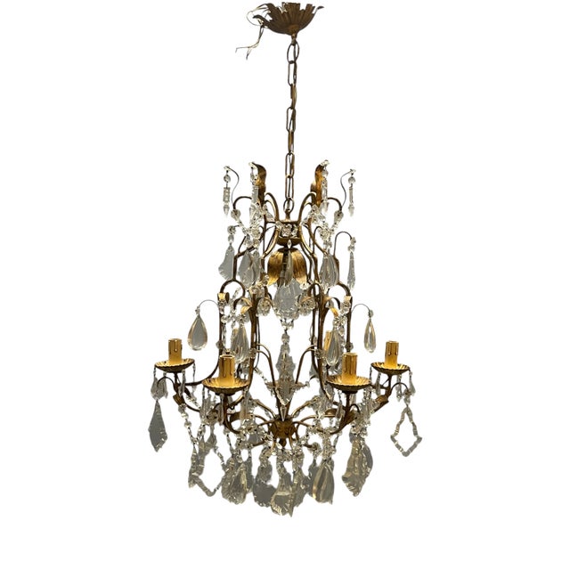 Large Gilded Florentine Tole and Crystal Chandelier, 1950s For Sale