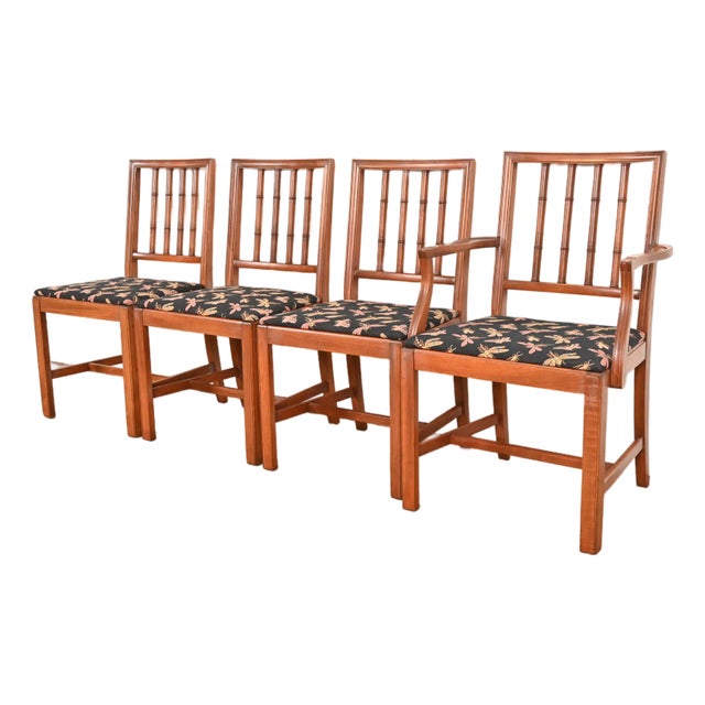 Henredon Style Regency Carved Mahogany Faux Bamboo Dining Chairs, Set of Four For Sale