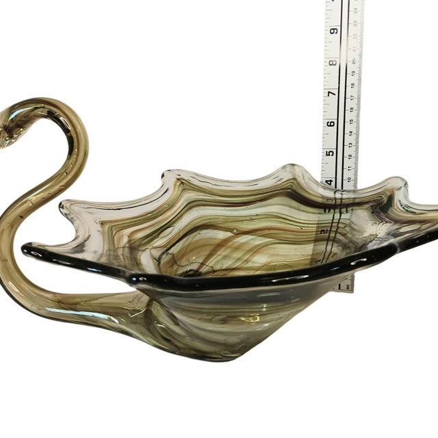 Large Art Glass Swan Vase Green Brown Swirl Handblown Mid-Century Modern Sooner Glass For Sale - Image 16 of 16