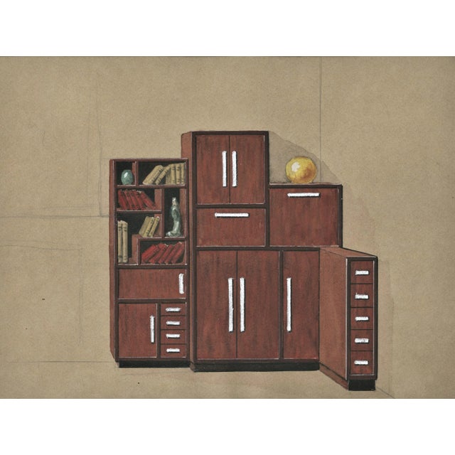 RARE! UNUSUAL! This is a find! Original c1930 French Art Deco rendering for furniture. This is a period piece…a cabinet,...