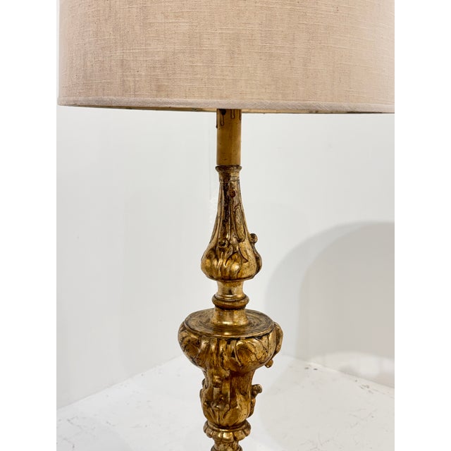 18th Century Tall 18th Century Italian Baroque Giltwood Altar Candlestick Table Lamp For Sale - Image 5 of 13