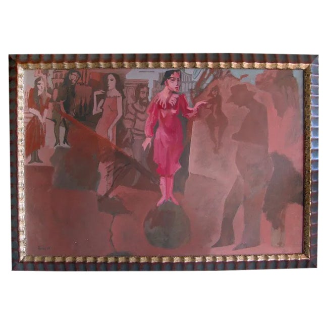 Vintage Harvey Parks Theatrical Acrylic Painting Custom Framed 1984,PInk's, Charcoal, Red, Brown For Sale