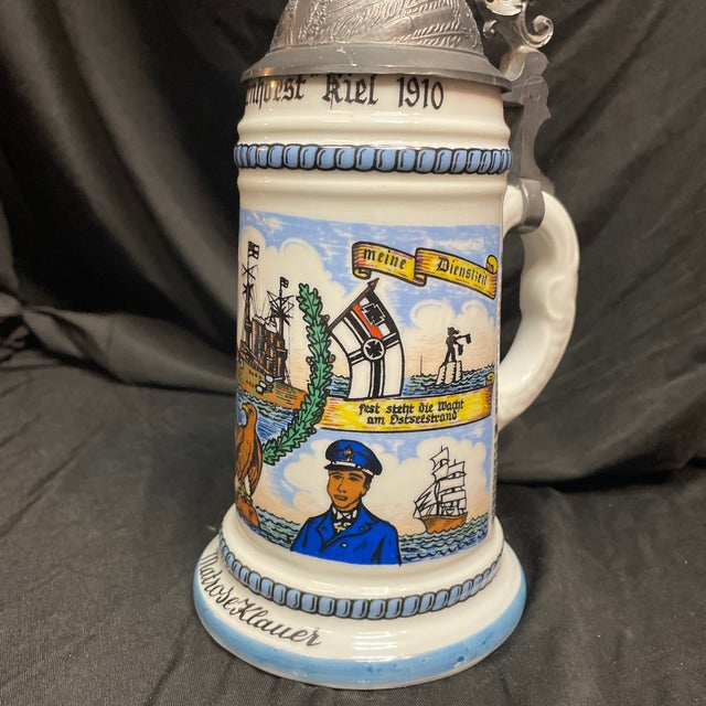 Traditional Vintage Naval Commemorative Beer Stein With Elaborate Pewter Lid. For Sale - Image 3 of 12