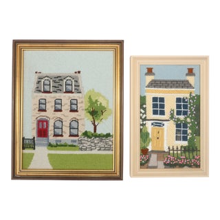 Vintage Framed Needlepoint of Houses & Gardens, a Pair For Sale
