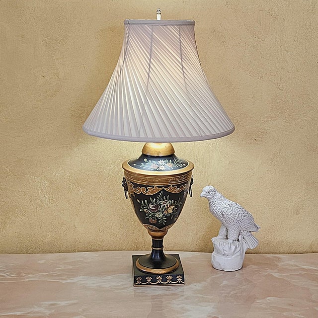 Hollywood Regency Wildwood Hand Painted Toleware Urn Table Lamp, Rocky Mount Nc, Floral Black & Gold For Sale - Image 3 of 18