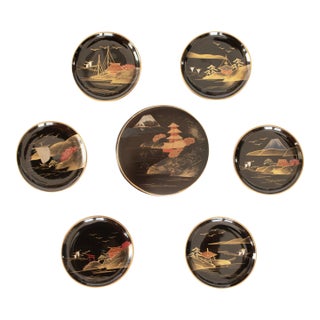 1950s Japanese Lacquered Black Wood Set/6 Coasters in Box, by Aizu For Sale