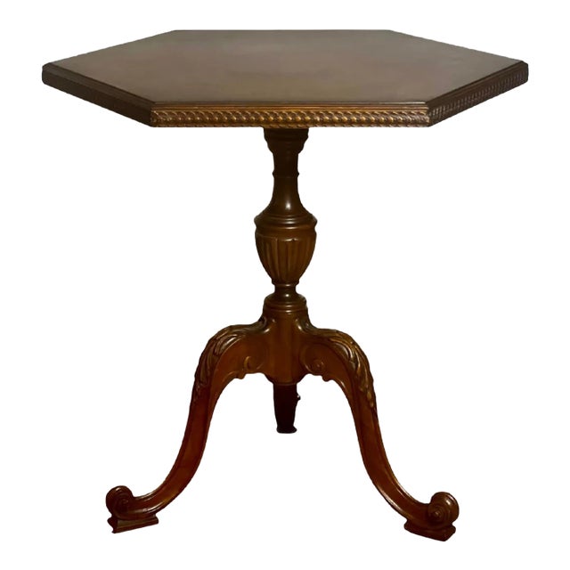 1930s French Carved and Book-Matched Walnut Burl Hexagonal Pedestal Table For Sale