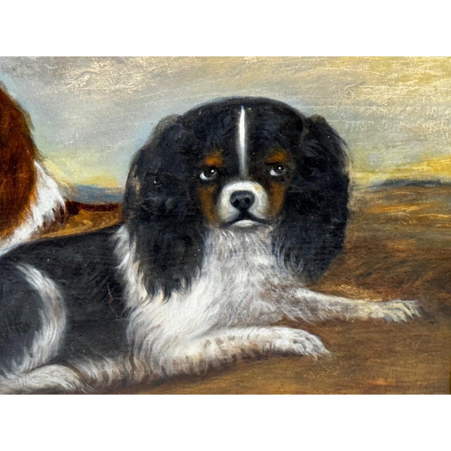British Blenheim and Prince Charles Tricolour Spaniels Victorian Dogs Oil Portrait in a Wooded Country Landscapen in the Manner of John Dalby of York For Sale - Image 9 of 18