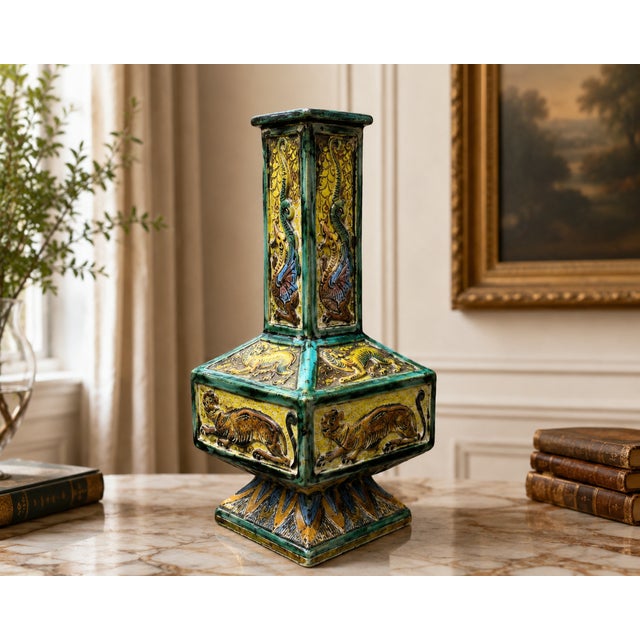 s.a.c.a. Sesto Fiorentino Italian Majolica Architectural Vase With Dragons & Tigers, C. 1930–1950 For Sale - Image 11 of 11