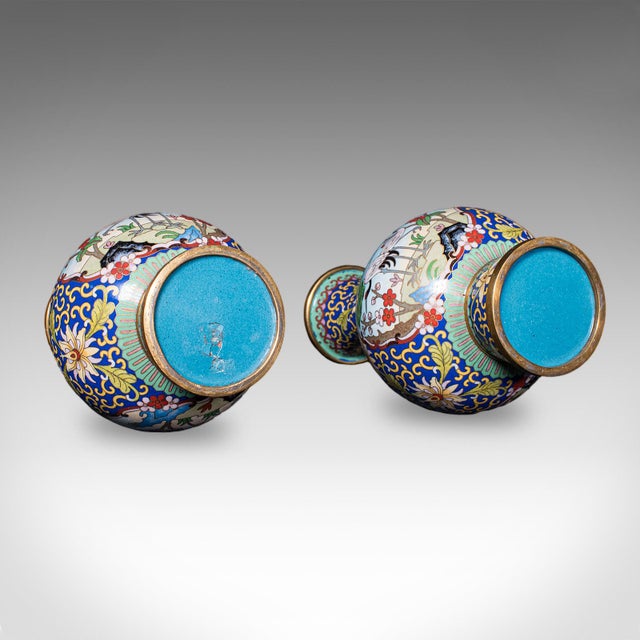 Blue Pair of Vintage Baluster Form Vases, Oriental, Cloisonne, Posy Urn, Circa 1960 For Sale - Image 8 of 10