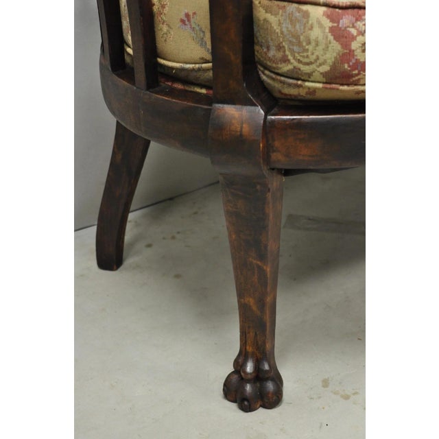 Antique Victorian Carved Mahogany Paw Foot Barrel Back Settee Loveseat Sofa For Sale - Image 4 of 16