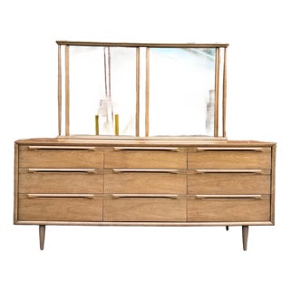 Mid-Century Modern Walnut 9-Drawer Lowboy Dresser With Mirror For Sale