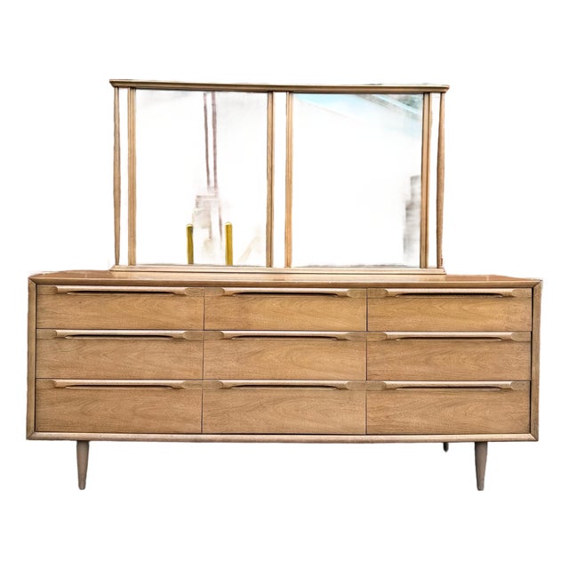 Mid-Century Modern Walnut 9-Drawer Lowboy Dresser With Mirror For Sale