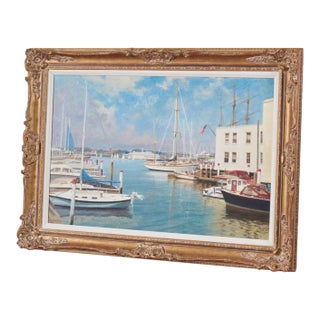 Mid 20th Century Signed Oil on Board by Kenneth Raymond Denton (British; 1932–2024) | 'The Harbour at Newport, Ri' For Sale