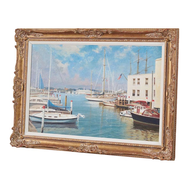 Mid 20th Century Signed Oil on Board by Kenneth Raymond Denton (British; 1932–2024) | 'The Harbour at Newport, Ri' For Sale