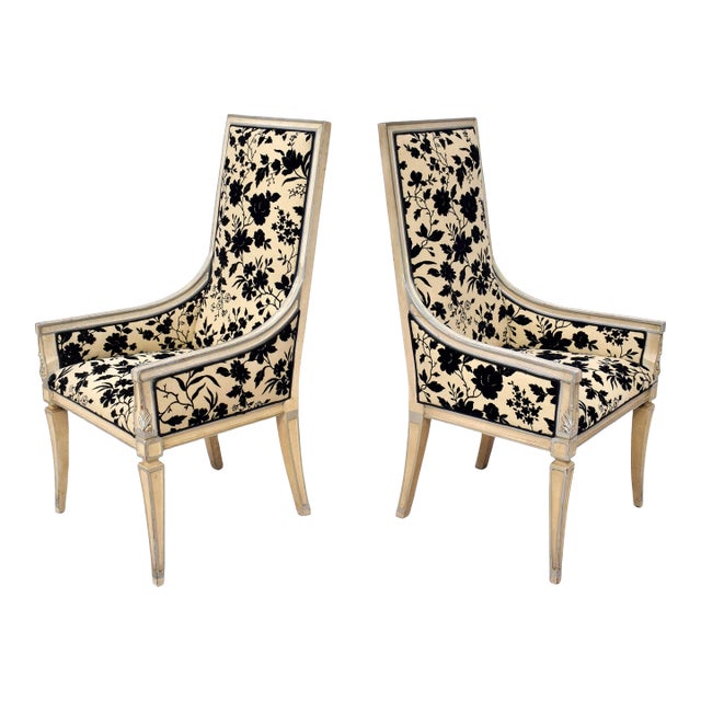 Mid-20th C. French Directoire Style Velvet & Silver Leaf Armchairs For Sale