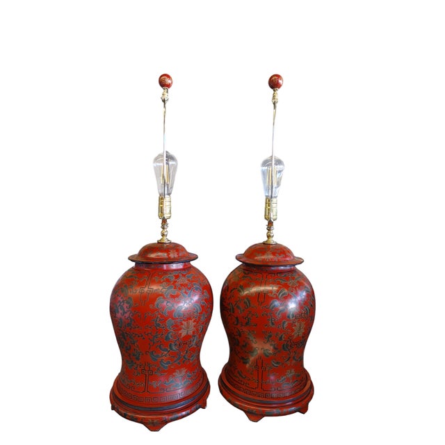 Gorgeous vintage Chinese lacquer table lamps decorated with beautiful deep green, leafy scrolling vines and lotus flowers...