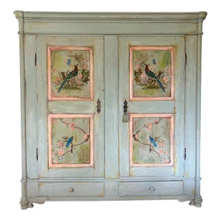 Large Vintage Painted Pine Double Wardrobe with Inlaid Chinoiserie, 1890s For Sale