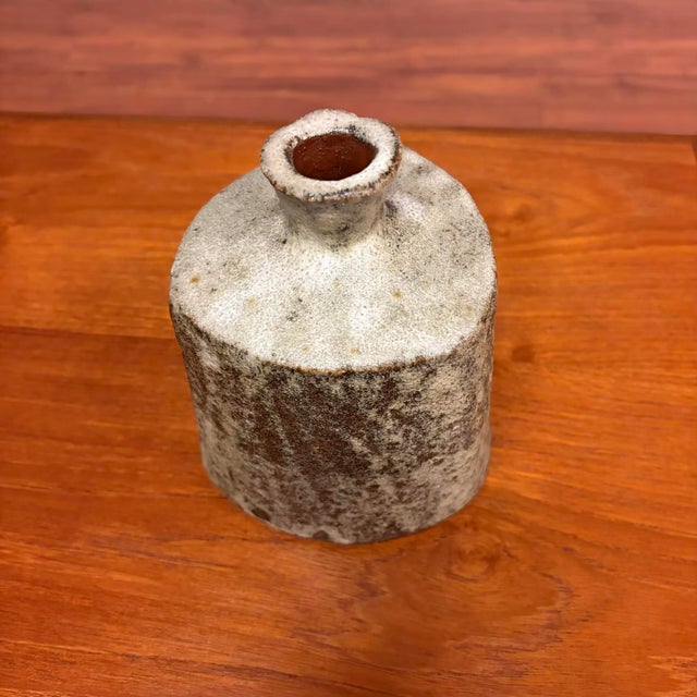 Mid 20th Century Vintage Brutalist Studio Pottery Triangular Bottle Vase With Textured Ash Glaze For Sale - Image 5 of 11