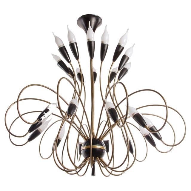 Large Mid-Century Italian 24 Lights Brass Chandelier from Stilnovo, 1950s For Sale