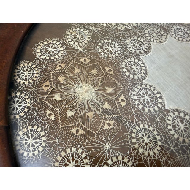 This antique 19th century French lace inset serving tray is a one-of-a-kind piece that combines intricate lace detailing...