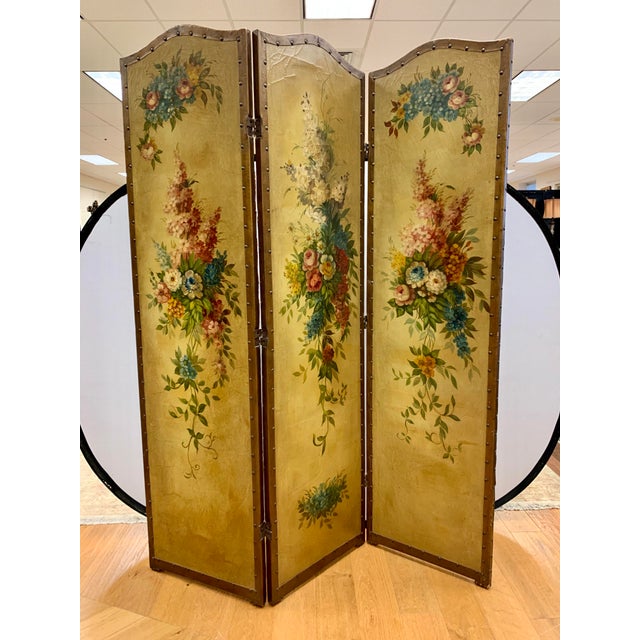 Antique French Hand Painted Floral Leather Room Divider Chairish