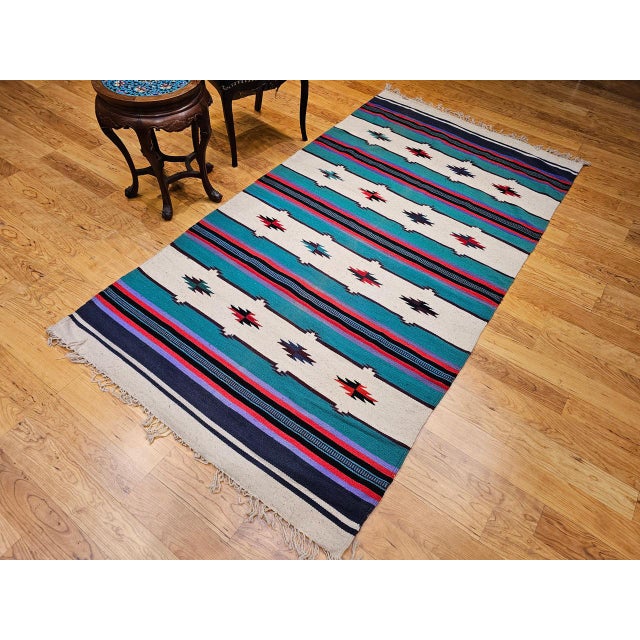 Vintage American Southwestern Kilim, Handwoven Wool, Stripe Pattern, Ivory & Green, 4x8 For Sale In Chicago - Image 6 of 16