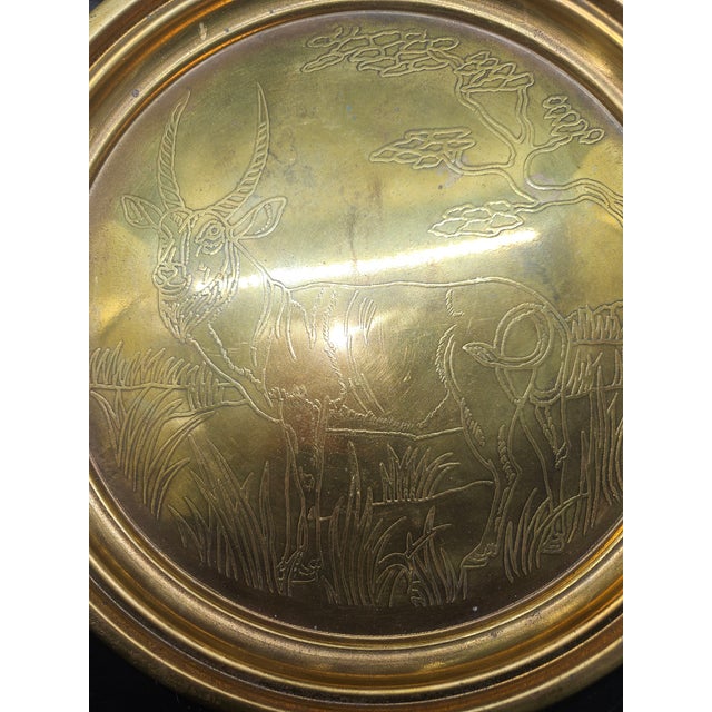 Mid-Century Modern Vintage Decorative Brass Plate Features an Incised Nature Scene, Prominent Antelope For Sale - Image 3 of 4