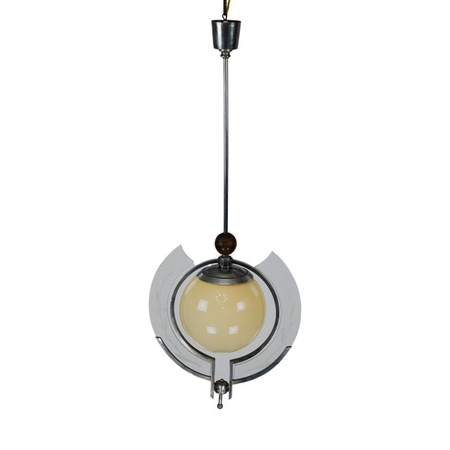 Art Deco Italian Pendant Light with Etched Glass and Amber Globe, 1930s For Sale