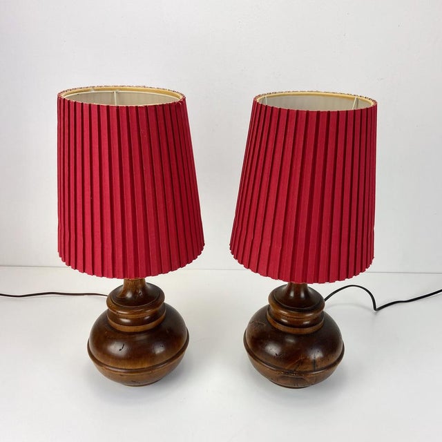 Rustic Wood and Red Paper Shade Table Lamps, 1960s, Set of 2 For Sale - Image 4 of 8