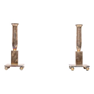 Early 20th Century Modern Silver Plated Bronze Candleholders, 1900s, Set of 2 For Sale