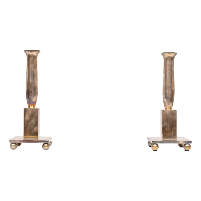 Early 20th Century Modern Silver Plated Bronze Candleholders, 1900s, Set of 2 For Sale