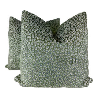Cheetah Epingle Velvet in Green and Slate 22" Pillows-A Pair For Sale