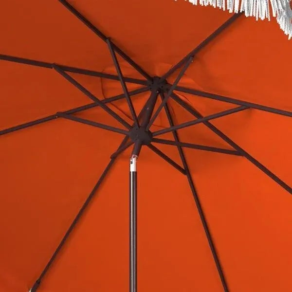 Safavieh Milan Fringe 9ft Crank Outdoor Push Button Tilt Umbrella - Orange For Sale - Image 4 of 5