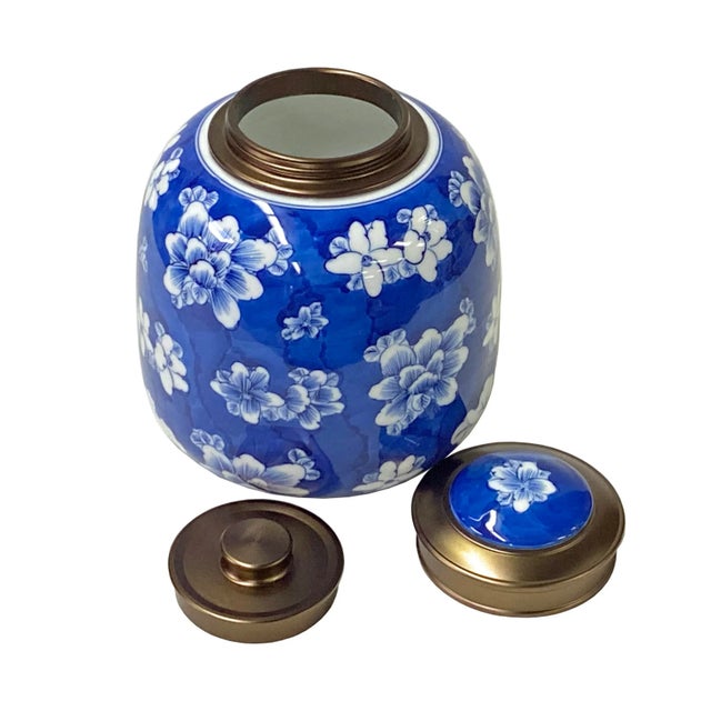 Oriental Handmade Blue White Porcelain Metal Lid Container Urn For Sale - Image 4 of 5