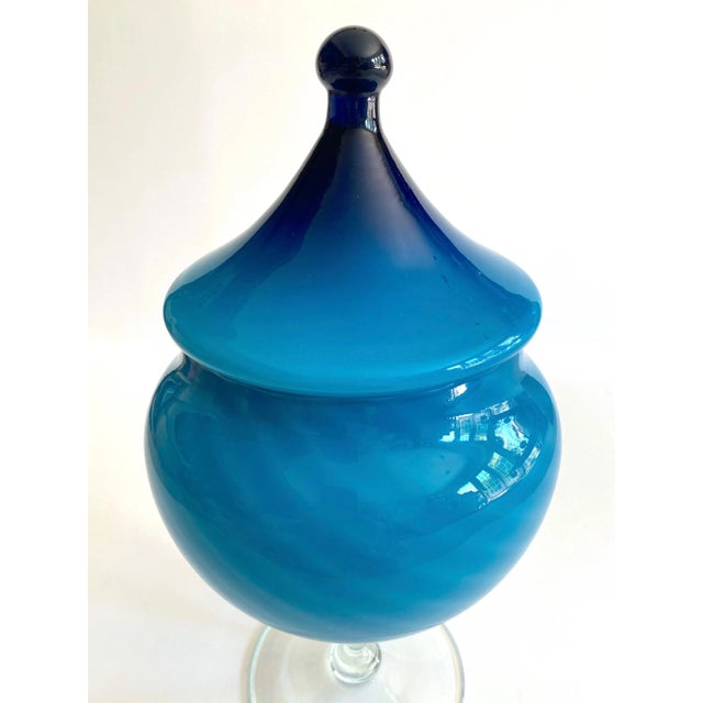 Glass Vintage Mid Century Modern Empoli Italy Cerulean Royal Blue Ombre Art Glass Candy Bowl Pedestal Lidded Jar For Sale - Image 7 of 13